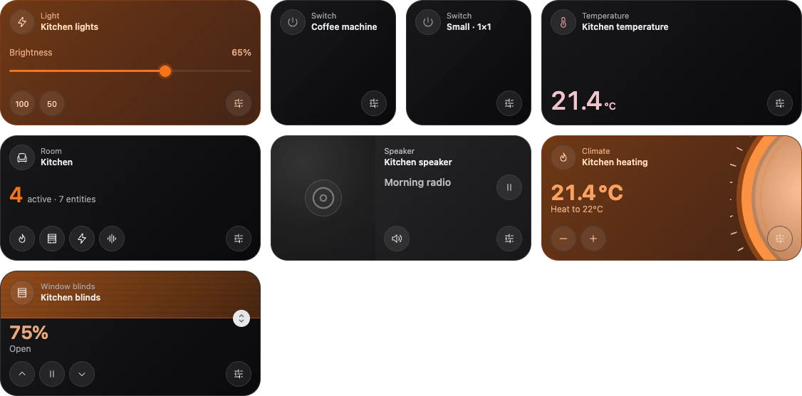 Room dashboard with lights, climate, sensors, and media