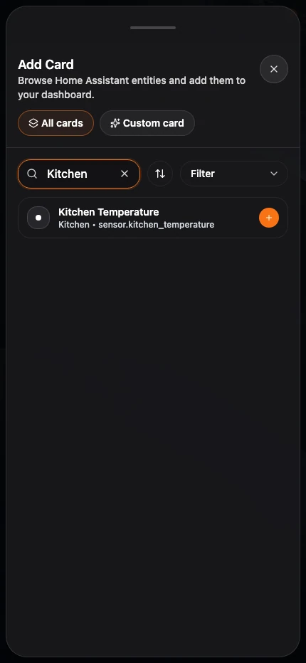 The Add Card phone cover sheet filtered to a matching Kitchen entity.