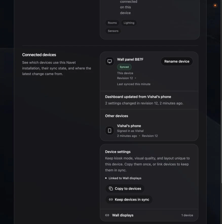 Connected devices showing sync state, recent activity, and the Device settings controls.