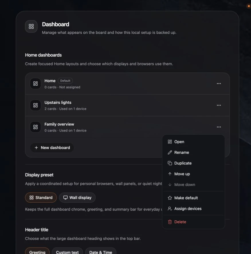 Home dashboards with the action menu open.