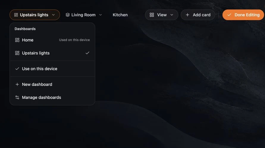 Upstairs lights open in edit mode, with Home and Upstairs lights visible in the Room Nav dashboard switcher.