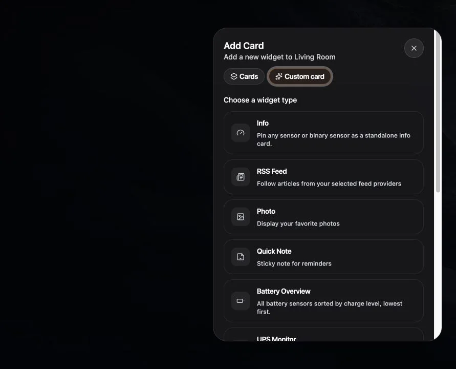 The widget chooser with Note, Photo, and RSS selected.