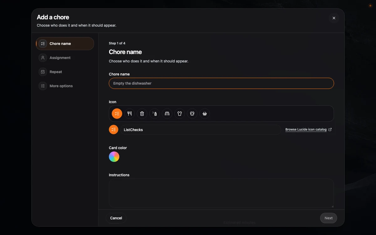 The first Add a chore step with title, Lucide icon preview, automatic or custom card colour, and instructions.