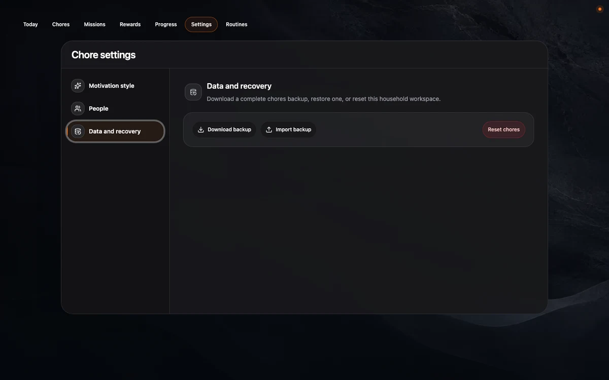 Chore settings open to Data and recovery with Download backup, Import backup, and Reset chores controls.