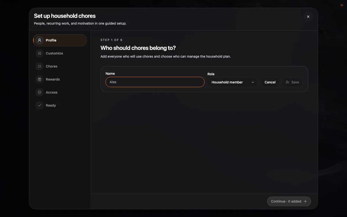 The Profile step of guided setup with the add-person form and the six setup destinations.