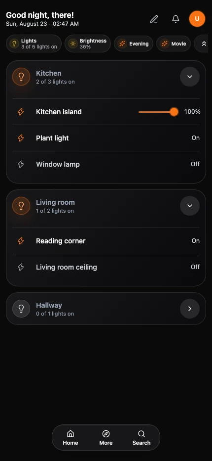 The current phone Lights dashboard with status, quick scenes, whole-home actions, and expandable room groups.
