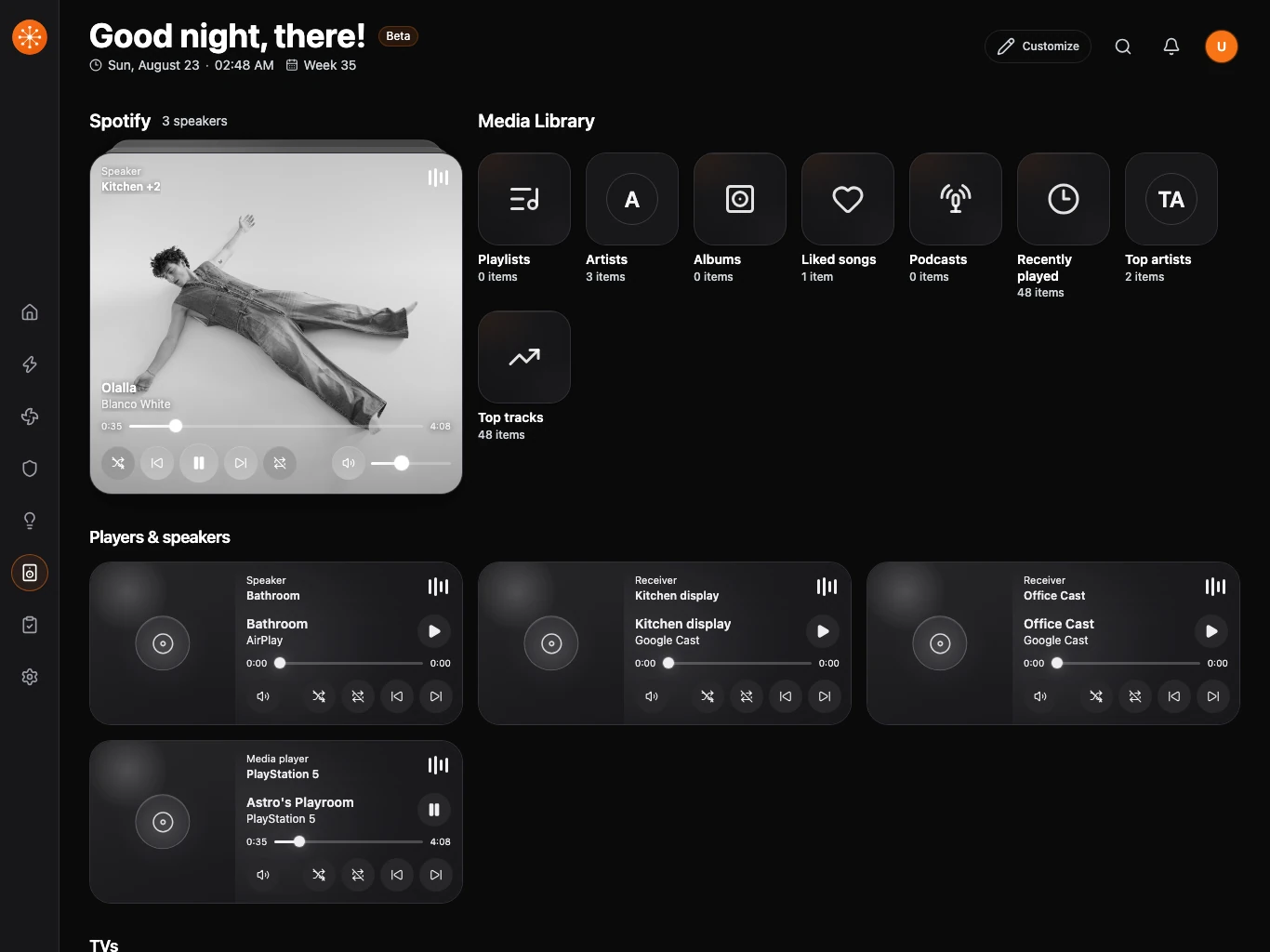 The current Media dashboard with active now playing, Media Library, player destinations, and TVs.