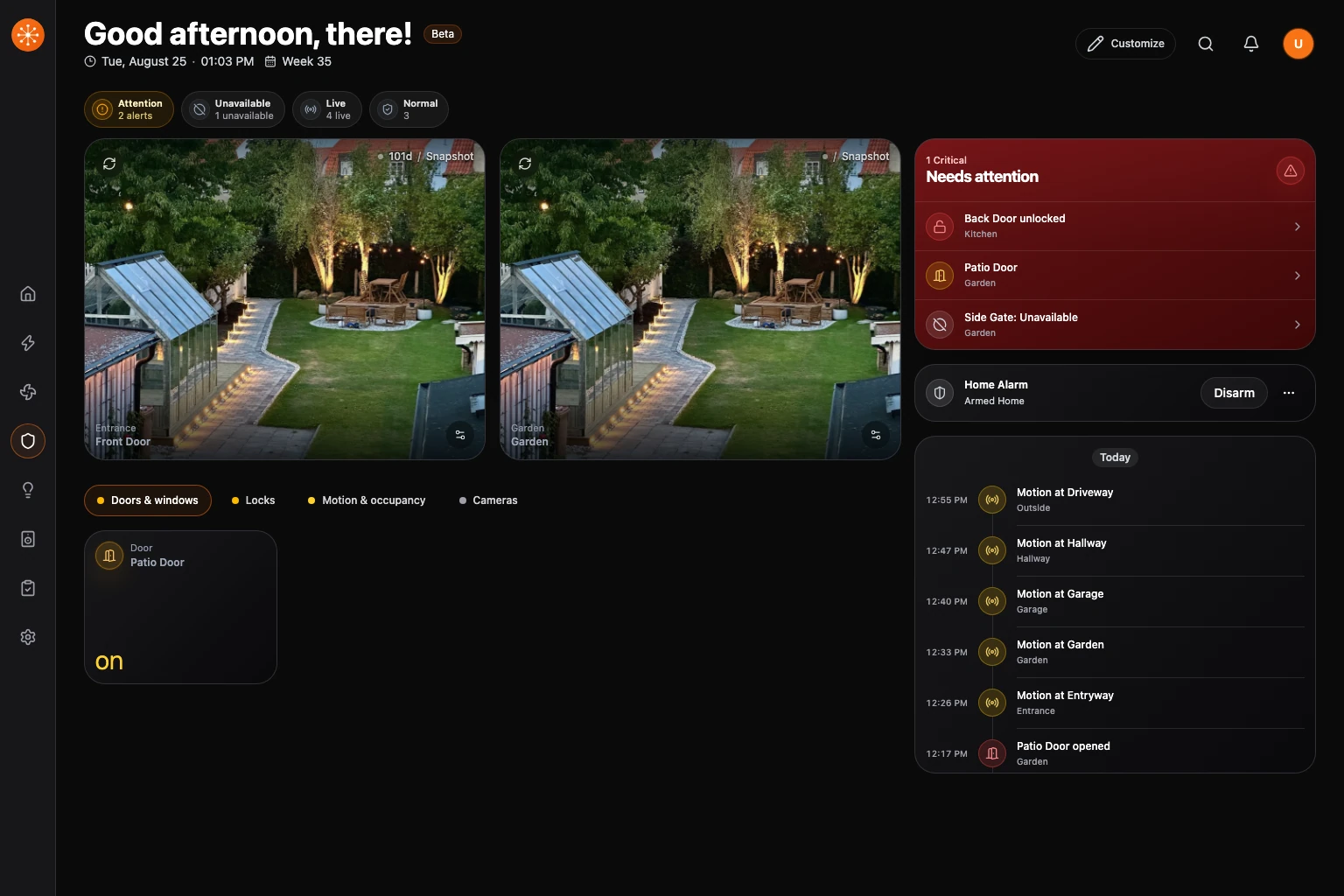 The current Security dashboard with camera feeds, needs-attention actions, alarm controls, recent activity, and grouped security cards.