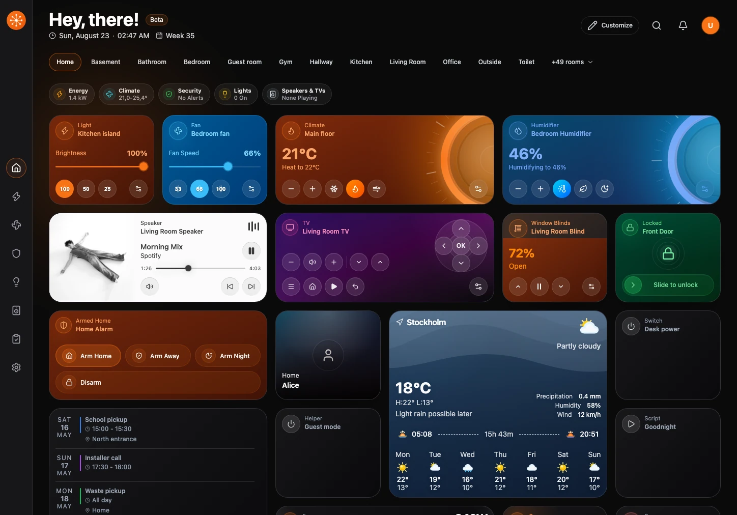The current Navet Home dashboard with section navigation, room navigation, status summary, and responsive cards.
