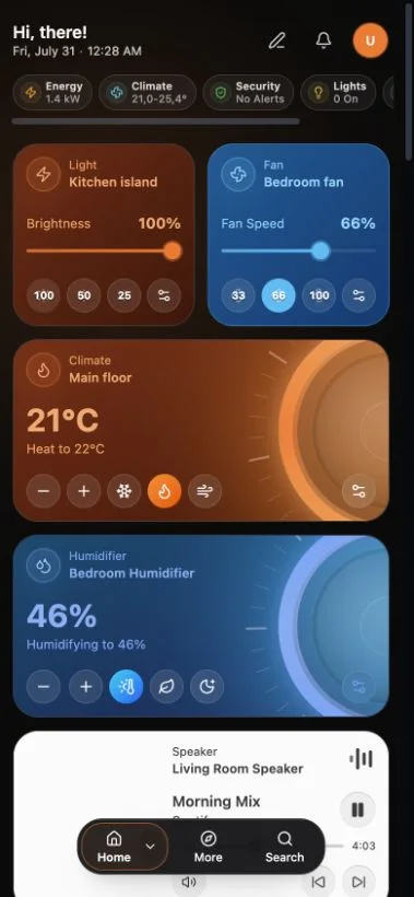 Navet Home on a phone with the Home button and section menu identified.