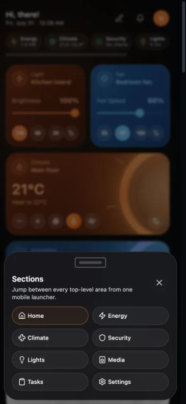 The mobile section menu and room selector open side by side.