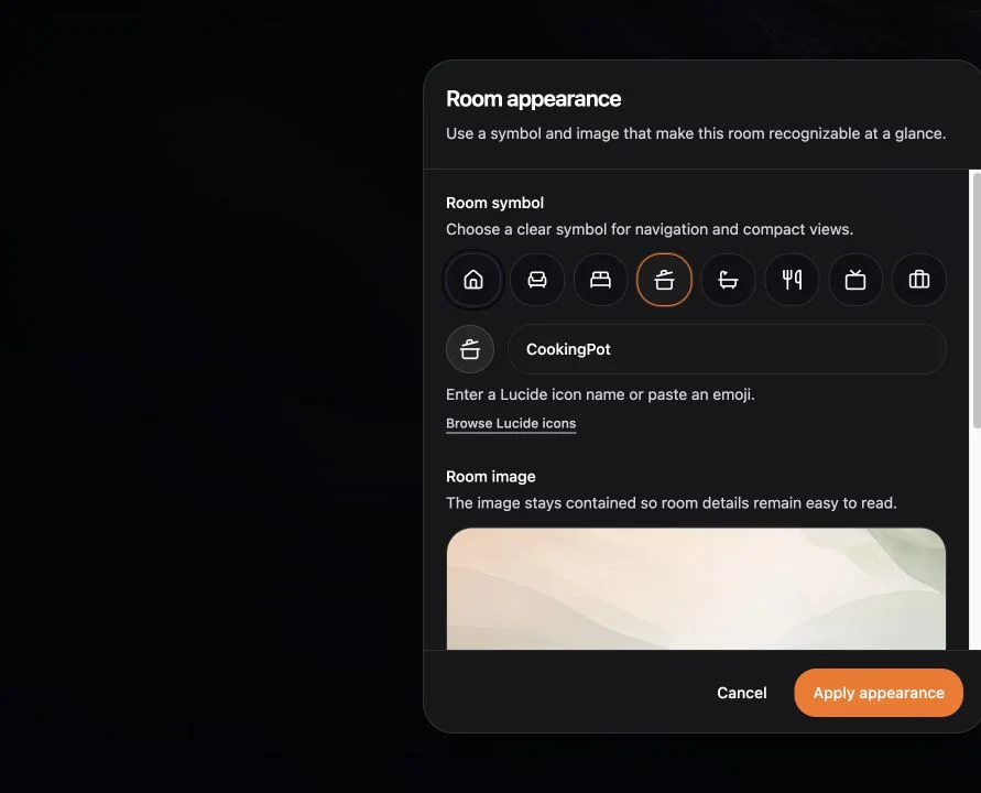 The Room appearance dialog with symbol and room image controls.