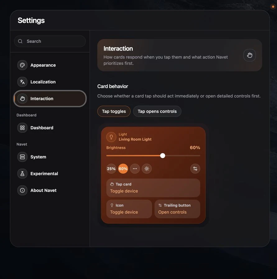 Interaction settings with card behavior choices and a live card preview.