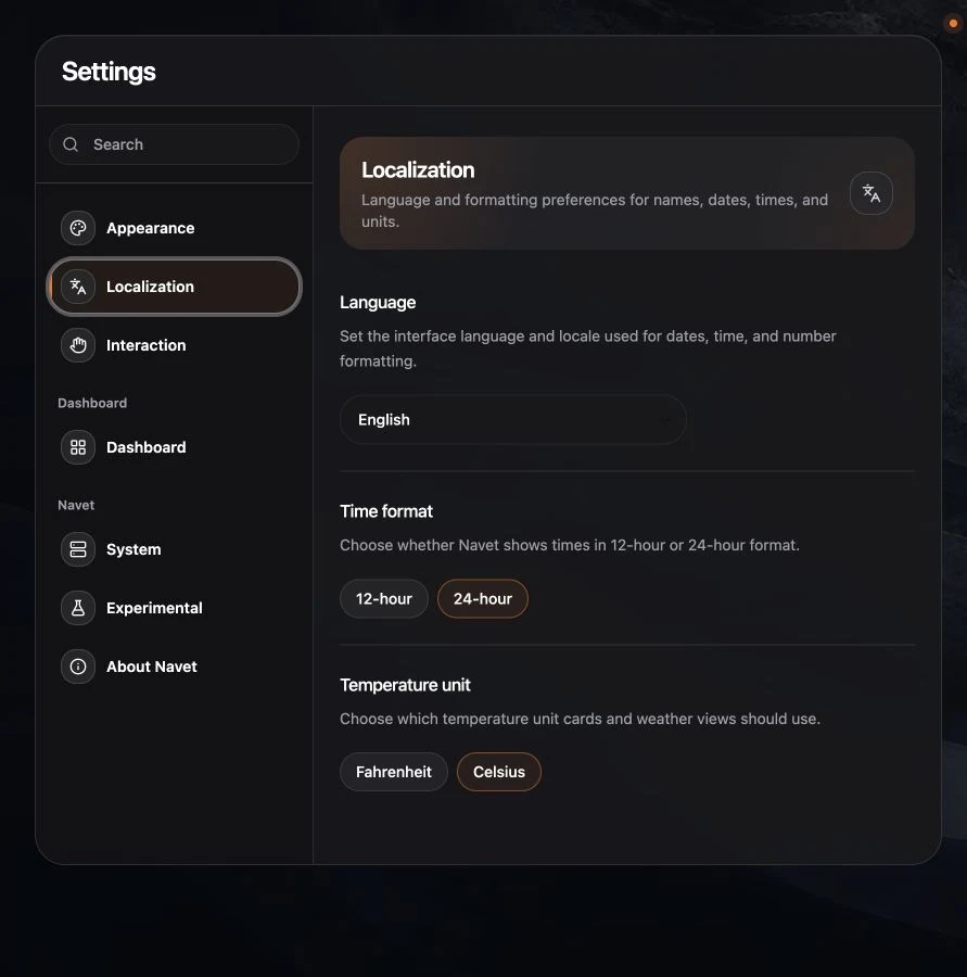 Localization settings with language, time format, and temperature unit.