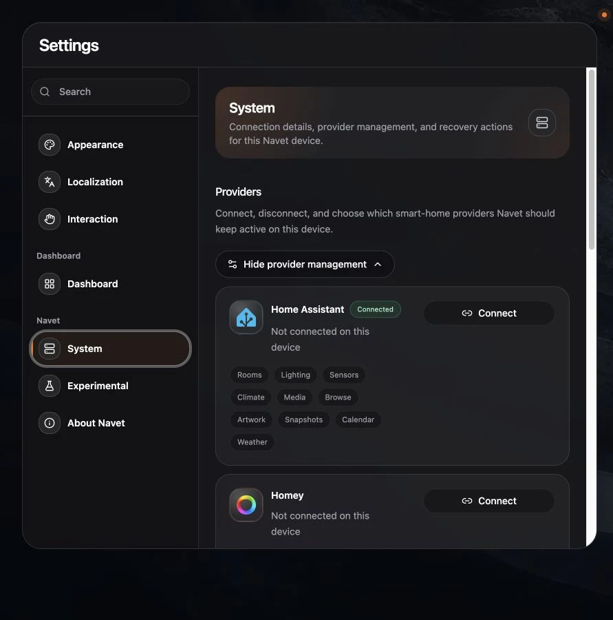 System settings showing connected and available providers.