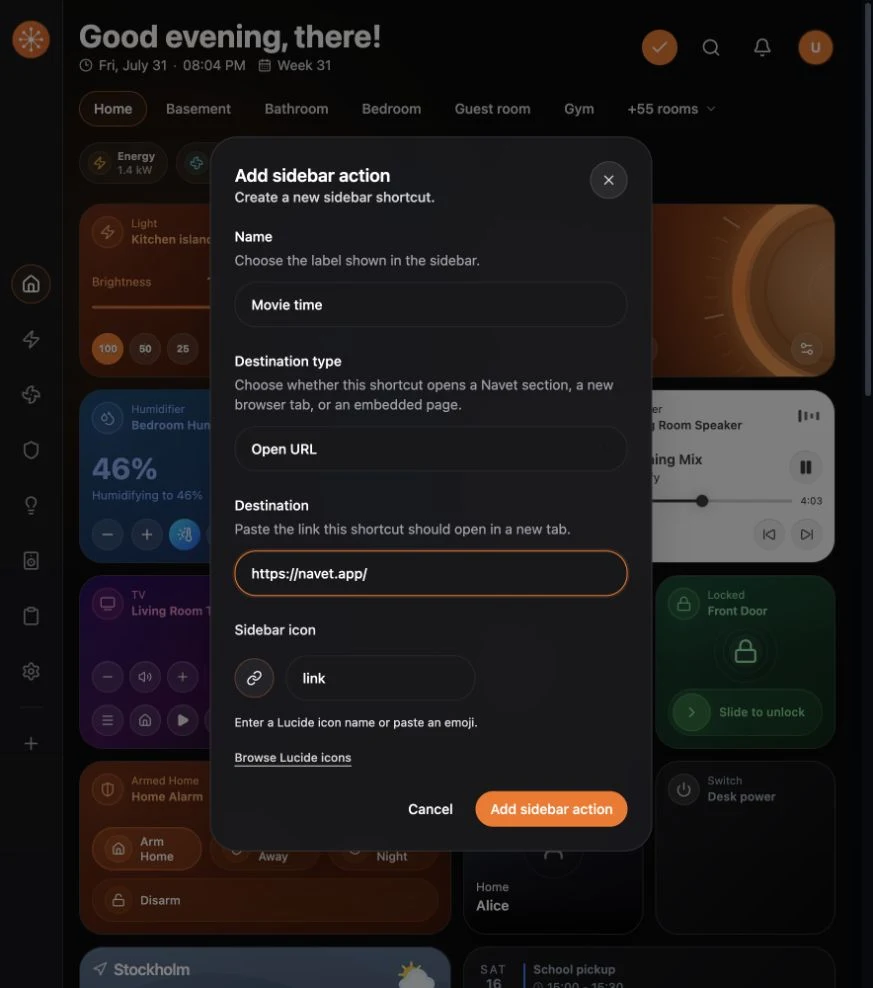 The full Add sidebar action dialog with its name, destination, icon, and save controls visible.