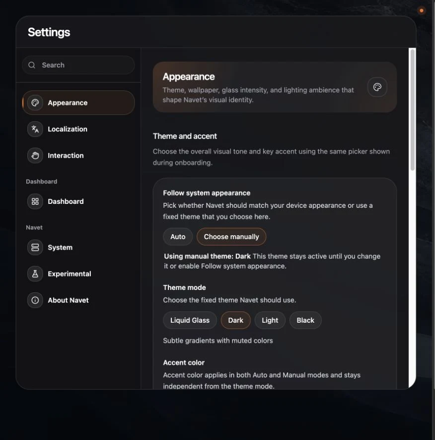 Appearance settings with the theme and accent controls.