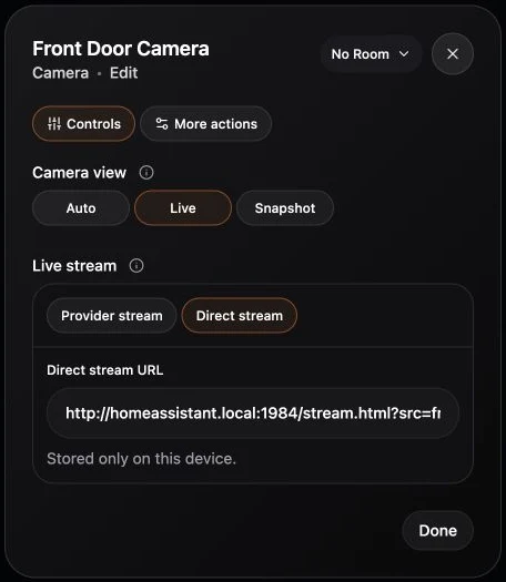 Camera settings with playback preference and direct-stream URL.