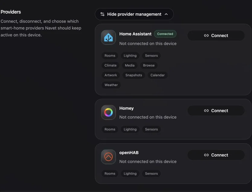 Provider cards showing different registered feature capabilities.