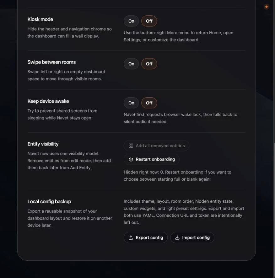 Dashboard settings showing the Keep device awake control and fallback behavior.