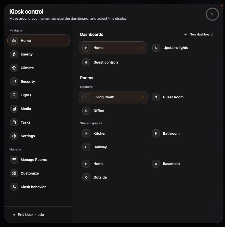 Kiosk control with dashboards, sections, rooms, management actions, and Exit kiosk mode.