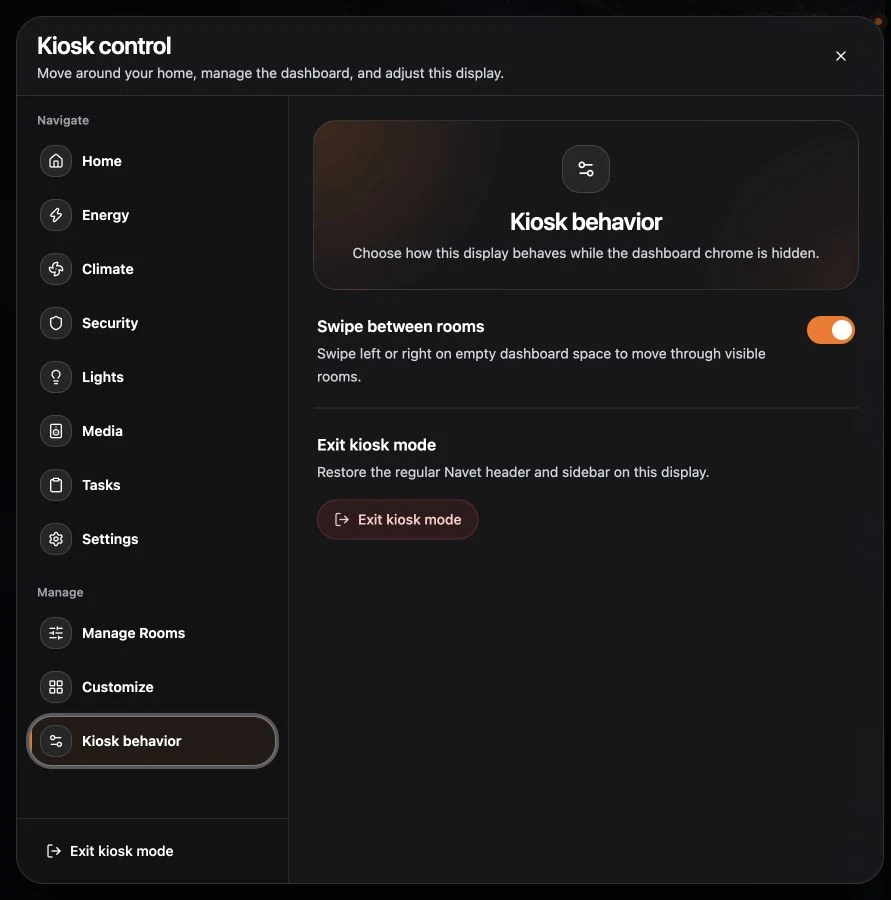 Kiosk behavior with Swipe between rooms and Exit kiosk mode.