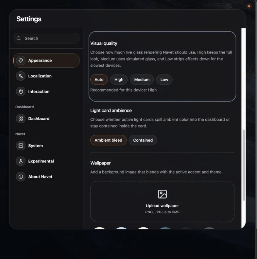 Appearance settings showing Auto, High, Medium, and Low visual quality.