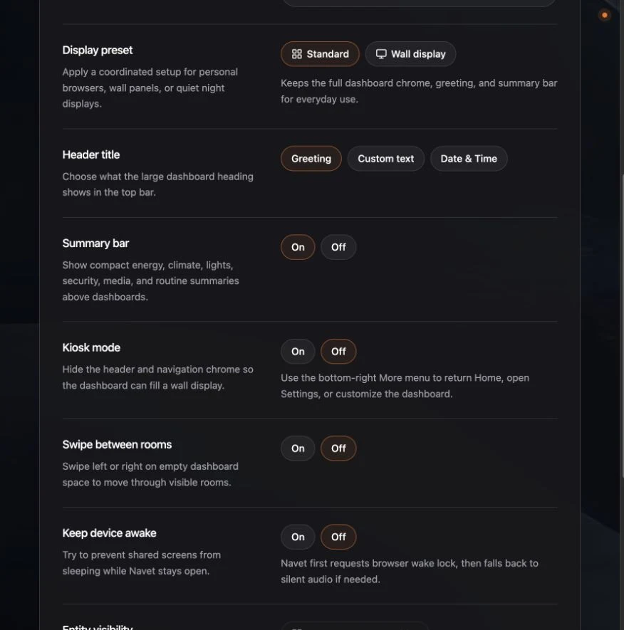 Dashboard settings with Standard and Wall display presets.